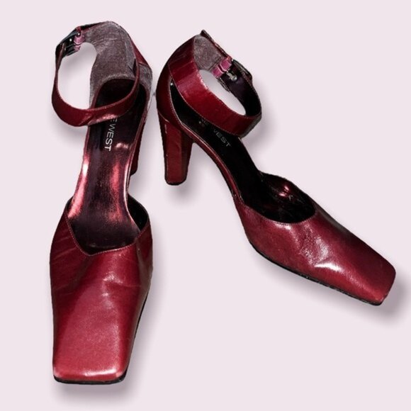 Vintage Nine West Square Toe Heels Red Y2K Ankle Strap Womens Size 9.5 - Picture 1 of 9